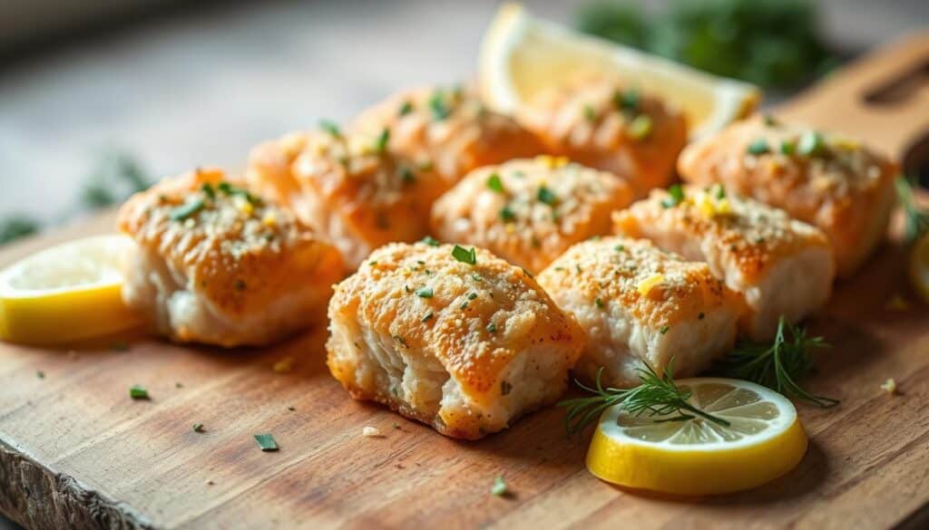 A plate of freshly made homemade salmon bites, garnished with a light dusting of chopped dill and lemon zest. The salmon is cooked to a tender, juicy perfection, lightly breaded and pan-fried to a golden-brown crisp. The bites are arranged on a rustic wooden board, with a few lemon wedges scattered around for a vibrant pop of color. Soft, natural lighting illuminates the scene, casting a warm, inviting glow. The composition is elegant and appetizing, showcasing the delicious, flaky texture of the salmon and the complementary flavors of the herbs and citrus. A plate of freshly made homemade salmon bites, garnished with a light dusting of chopped dill and lemon zest. The salmon is cooked to a tender, juicy perfection, lightly breaded and pan-fried to a golden-brown crisp. The bites are arranged on a rustic wooden board, with a few lemon wedges scattered around for a vibrant pop of color. Soft, natural lighting illuminates the scene, casting a warm, inviting glow. The composition is elegant and appetizing, showcasing the delicious, flaky texture of the salmon and the complementary flavors of the herbs and citrus.