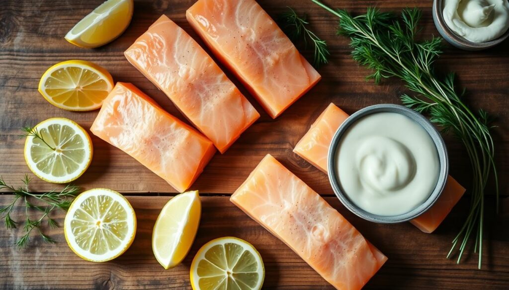 A rustic wooden table, adorned with an assortment of fresh salmon fillets, sliced lemon wedges, sprigs of dill, and a small bowl of creamy dill sauce. The ingredients are bathed in soft, natural lighting, creating a warm and inviting atmosphere. The scene is captured from a slight overhead angle, emphasizing the simplicity and elegance of the components needed for the delectable salmon bites recipe. Subtle shadows add depth and dimension, while the muted color palette evokes a sense of homemade, wholesome goodness. The image exudes a mouthwatering allure, enticing the viewer to envision the delicious, bite-sized salmon treats. A rustic wooden table, adorned with an assortment of fresh salmon fillets, sliced lemon wedges, sprigs of dill, and a small bowl of creamy dill sauce. The ingredients are bathed in soft, natural lighting, creating a warm and inviting atmosphere. The scene is captured from a slight overhead angle, emphasizing the simplicity and elegance of the components needed for the delectable salmon bites recipe. Subtle shadows add depth and dimension, while the muted color palette evokes a sense of homemade, wholesome goodness. The image exudes a mouthwatering allure, enticing the viewer to envision the delicious, bite-sized salmon treats.